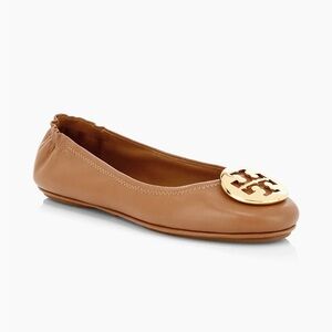 Tory Burch Tan Leather Flats with Gold Logo